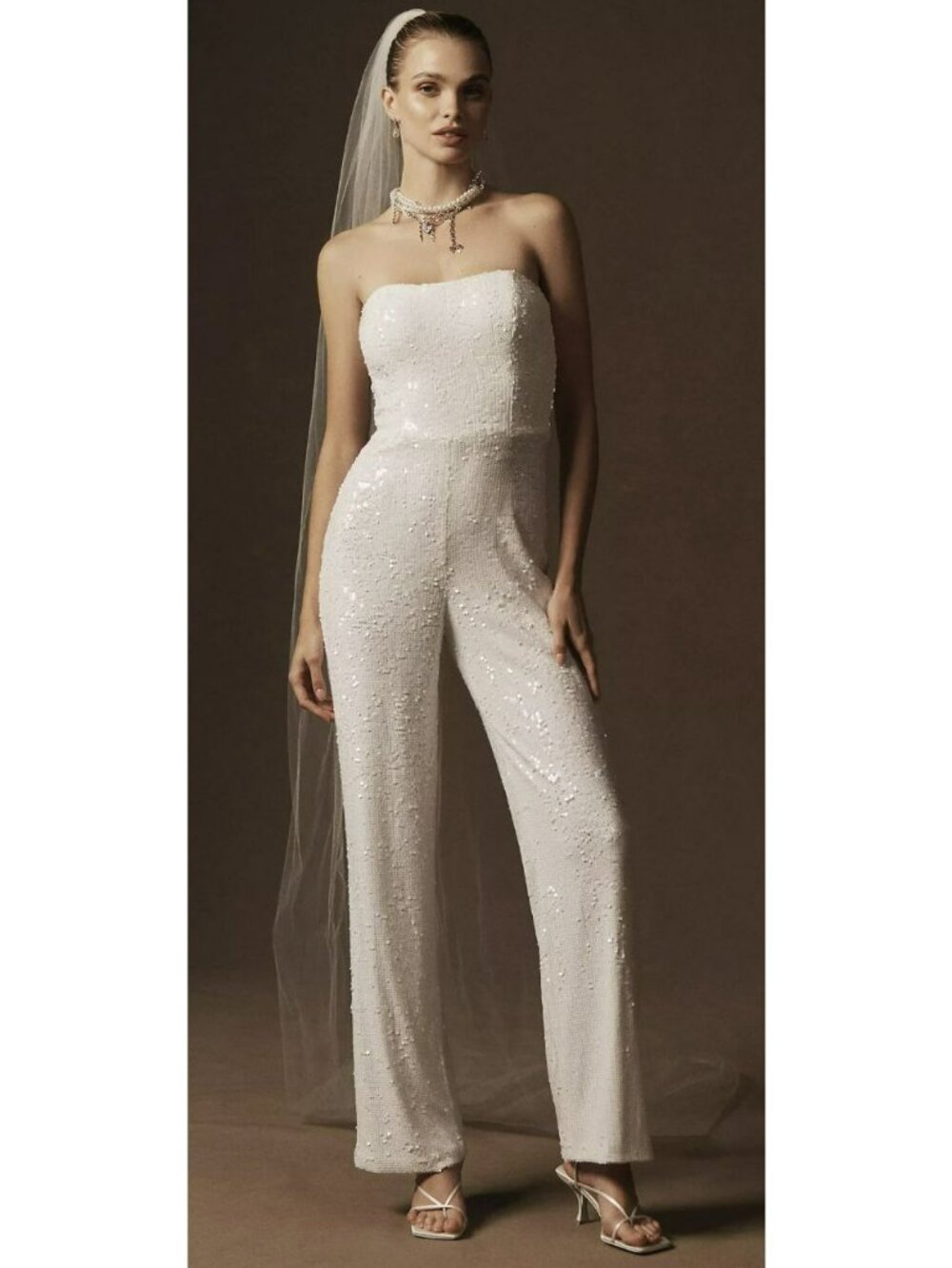 Dress The Population White Sequin Strapless Jumpsuit Medium New